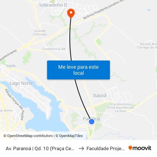 Av. Paranoá | Qd. 10 (Praça Central) to Faculdade Projeção map
