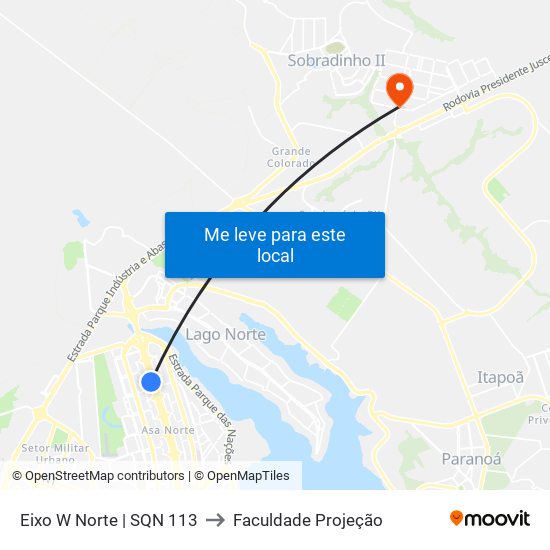 Eixo W Norte | SQN 113 to Faculdade Projeção map