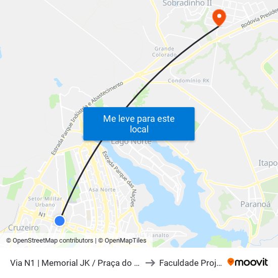 Via N1 | Memorial JK / Praça do Cruzeiro to Faculdade Projeção map