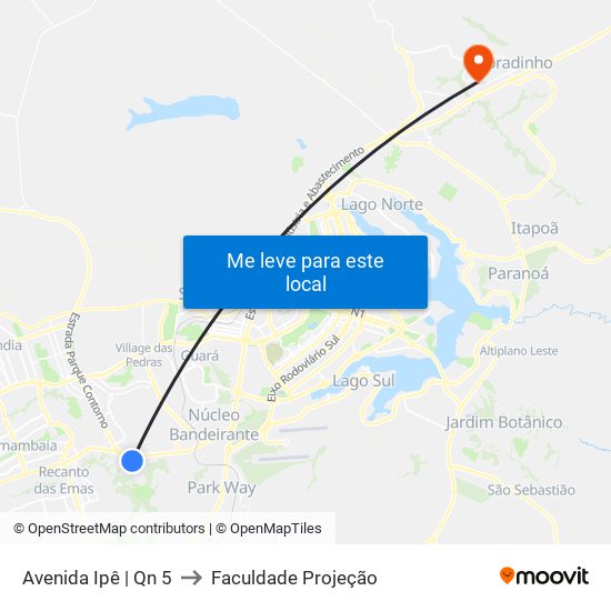 Avenida Ipê | Qn 5 to Faculdade Projeção map