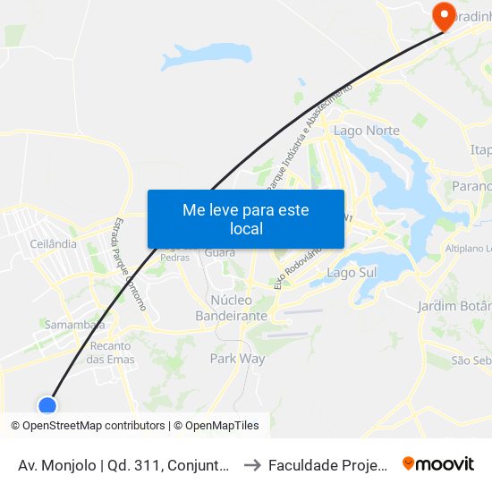 Av. Monjolo | Qd. 311, Conjunto 10 to Faculdade Projeção map