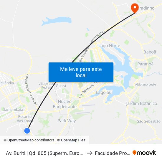 Av. Buriti | Qd. 805 (Superm. Euro) «Oposto» to Faculdade Projeção map