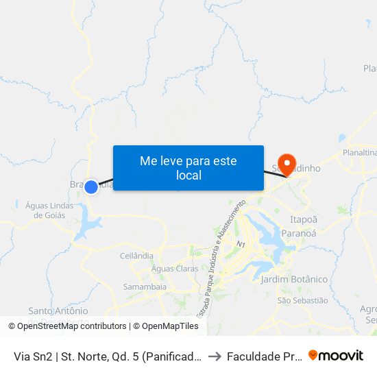 Via Sn2 | St. Norte, Qd. 5 (Panificadora São Jorge) to Faculdade Projeção map