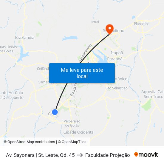 Av. Sayonara | St. Leste, Qd. 45 to Faculdade Projeção map