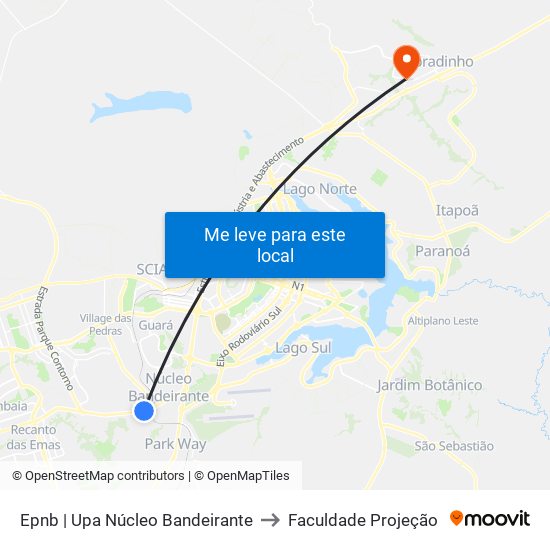 Epnb | Upa Núcleo Bandeirante to Faculdade Projeção map