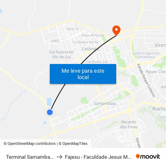 Terminal Samambaia Norte to Fajesu - Faculdade Jesus Maria E José map