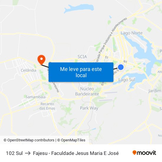 102 Sul to Fajesu - Faculdade Jesus Maria E José map