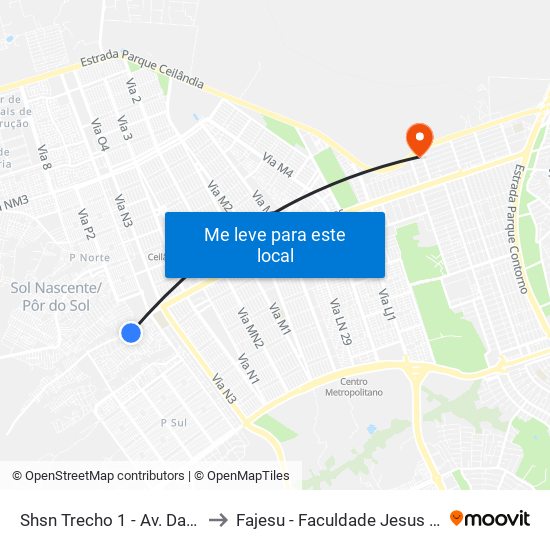 Shsn Trecho 1 - Av. Das Palmeiras to Fajesu - Faculdade Jesus Maria E José map