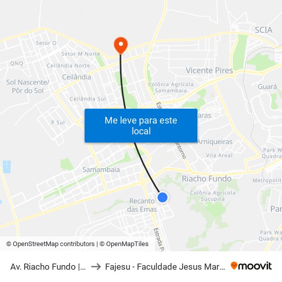 Av. Riacho Fundo | Qn 23 to Fajesu - Faculdade Jesus Maria E José map