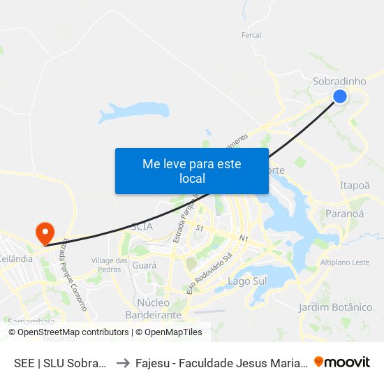 SEE | SLU Sobradinho to Fajesu - Faculdade Jesus Maria E José map