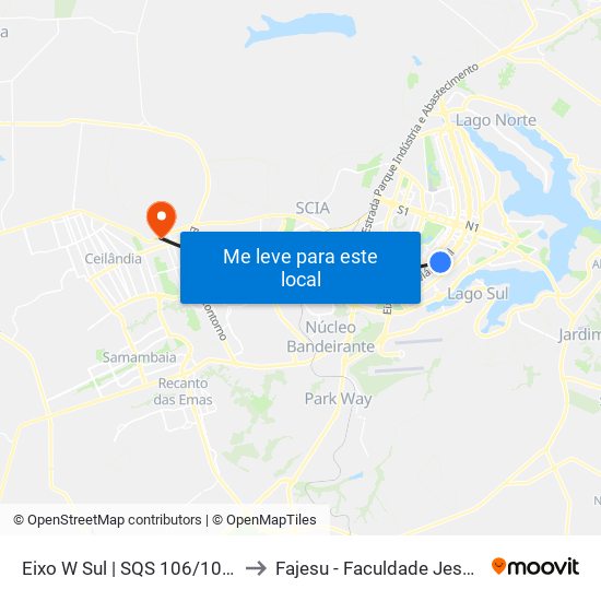 Eixo W Sul | SQS 106/107 (Cine Brasília) to Fajesu - Faculdade Jesus Maria E José map
