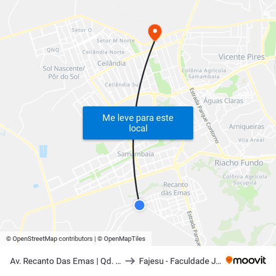 Av. Recanto Das Emas | Qd. 107 (Sublime / Kimicar) to Fajesu - Faculdade Jesus Maria E José map