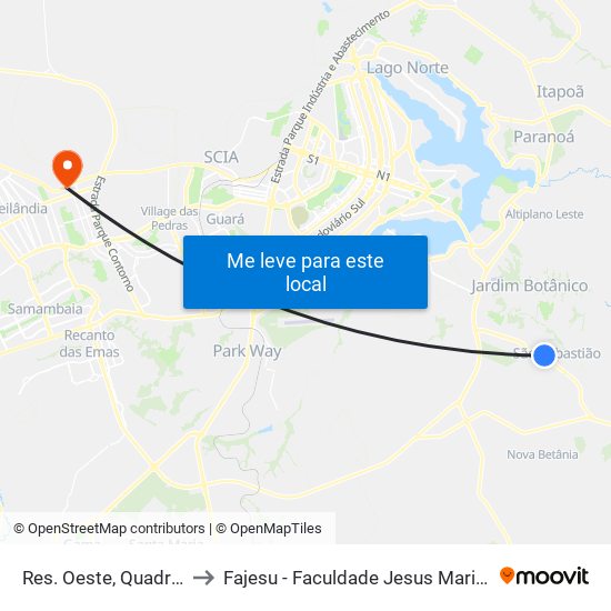 Res. Oeste, Quadra 102 to Fajesu - Faculdade Jesus Maria E José map