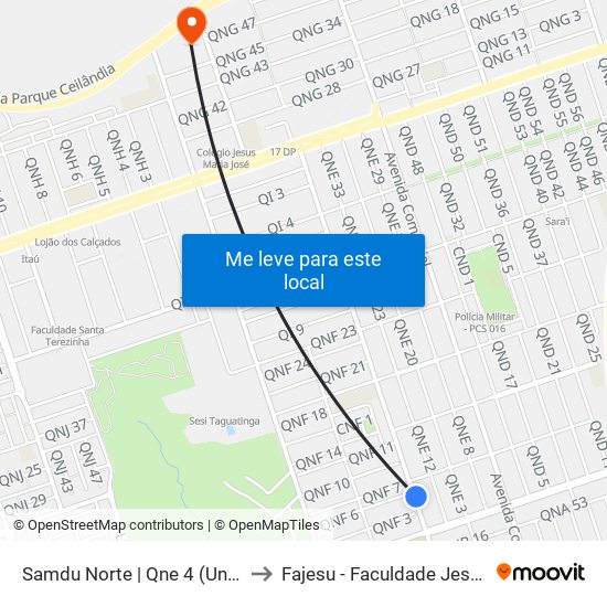 Samdu Norte | Qne 4 (Uniplan / Vivendas) to Fajesu - Faculdade Jesus Maria E José map