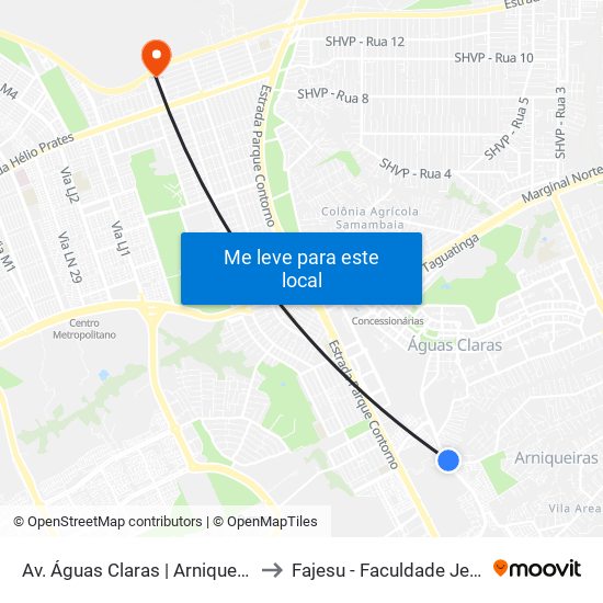 Av. Águas Claras | Arniqueiras, Conj. 6, Ch. 423 to Fajesu - Faculdade Jesus Maria E José map