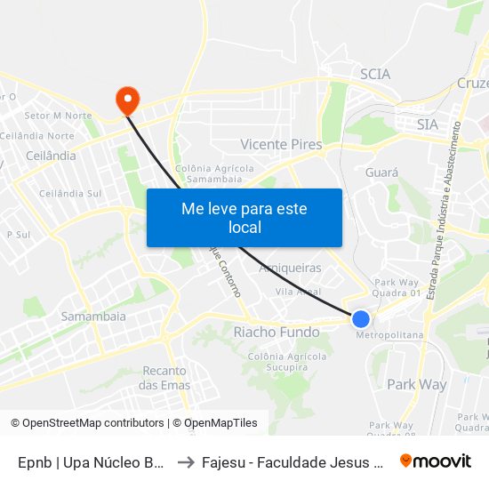 Epnb | Upa Núcleo Bandeirante to Fajesu - Faculdade Jesus Maria E José map