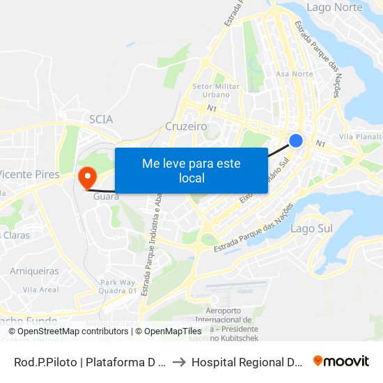 Rod.P.Piloto | Plataforma D (Box 16) to Hospital Regional Do Guará map