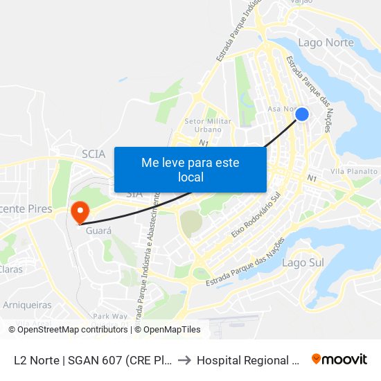 L2 Norte | Sgan 607 (Brasília Medical Center / Cean) to Hospital Regional Do Guará map