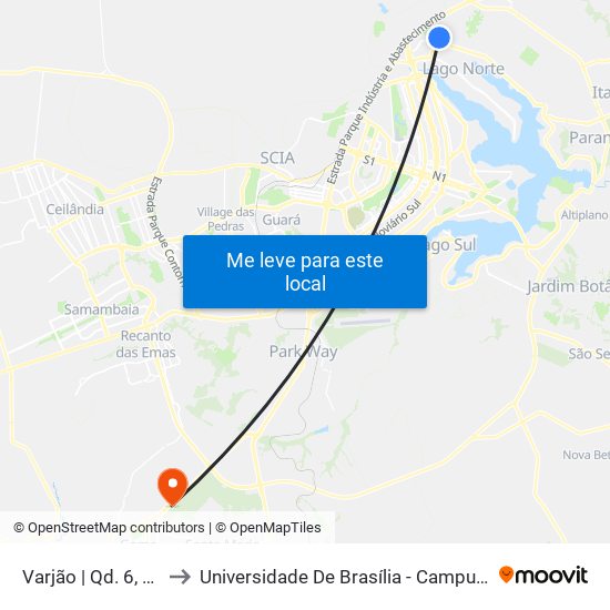 Varjão | Qd. 6, Conj. F to Universidade De Brasília - Campus Do Gama map