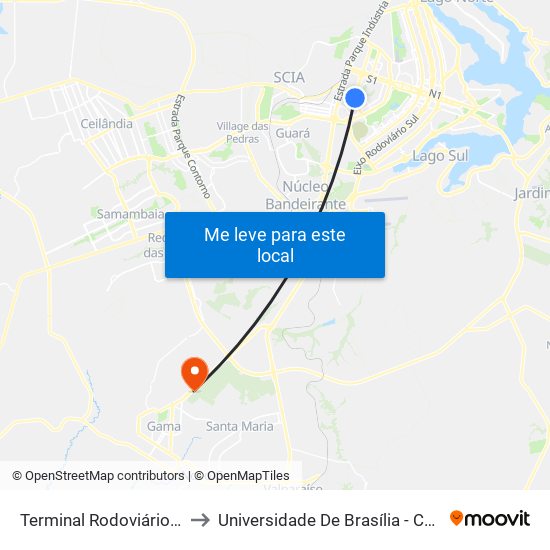 Terminal Rodoviário do Cruzeiro to Universidade De Brasília - Campus Do Gama map