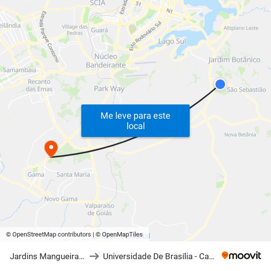 Jardins Mangueiral, Quadra 8 to Universidade De Brasília - Campus Do Gama map