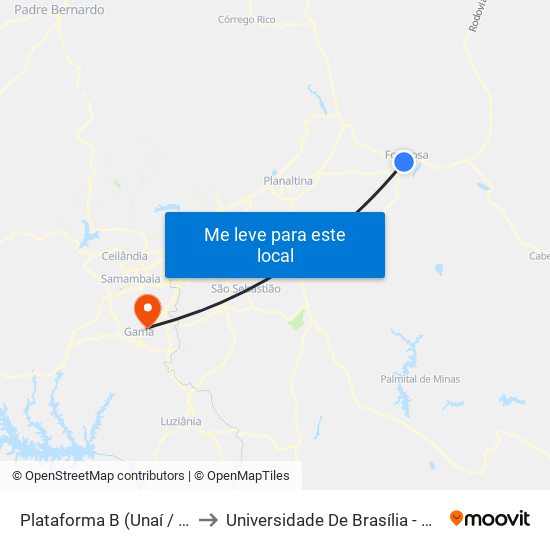 Plataforma B (Unaí / Planaltina Go) to Universidade De Brasília - Campus Do Gama map