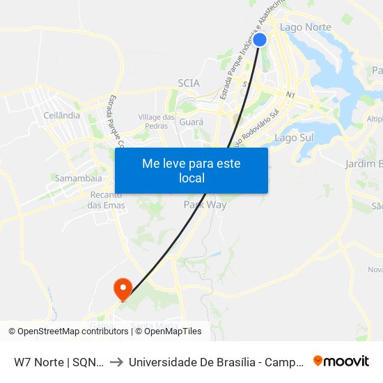 W7 Norte | SQNW 111 to Universidade De Brasília - Campus Do Gama map