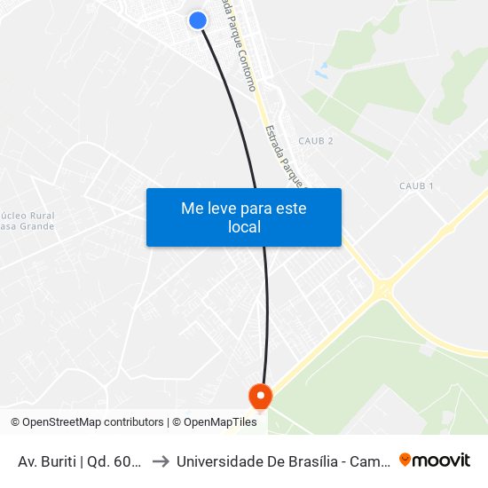 Av. Buriti | Qd. 603, Conj. 1 to Universidade De Brasília - Campus Do Gama map