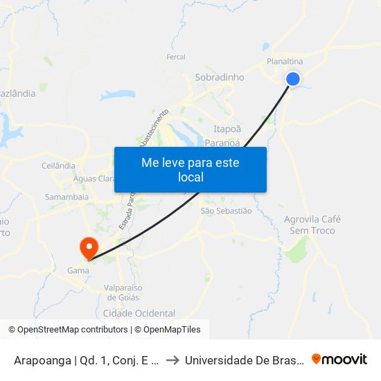 Arapoanga | Qd. 1, Conj. E (Restaurante Panela Velha) to Universidade De Brasília - Campus Do Gama map