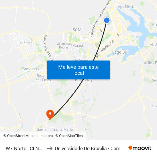 W7 Norte (Acesso Sqnw 105) to Universidade De Brasília - Campus Do Gama map
