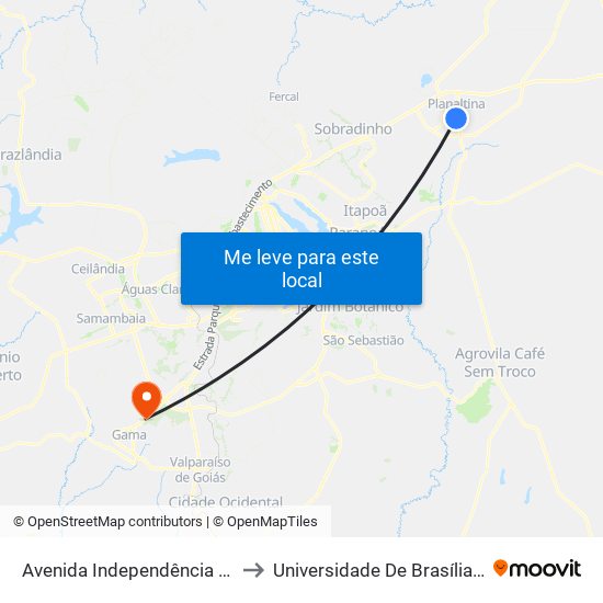 Avenida Independência | Vila Vicentina Q. 05 to Universidade De Brasília - Campus Do Gama map