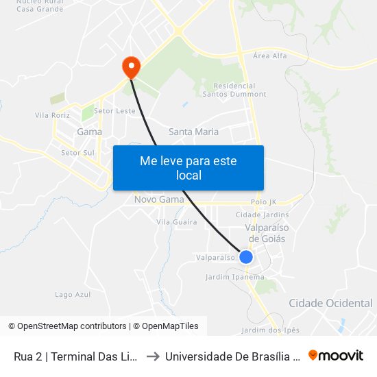 Rua 2 | Terminal Das Linhas 5705 E 5821 to Universidade De Brasília - Campus Do Gama map