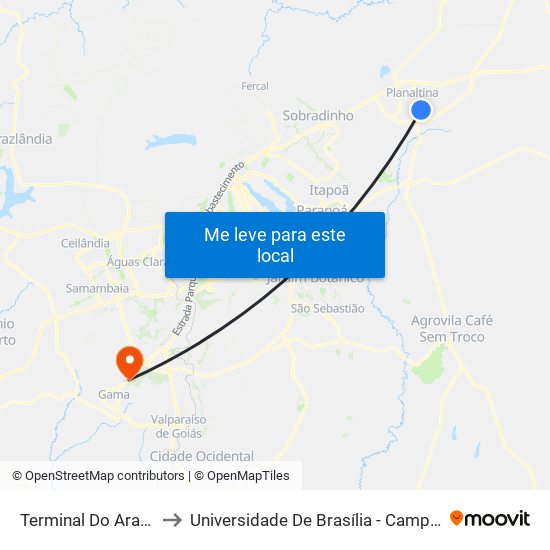 Terminal Do Arapoanga to Universidade De Brasília - Campus Do Gama map