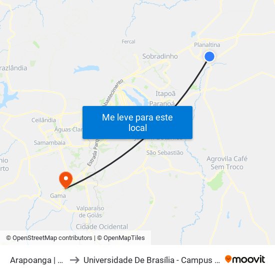 Arapoanga | Qd. 2 to Universidade De Brasília - Campus Do Gama map