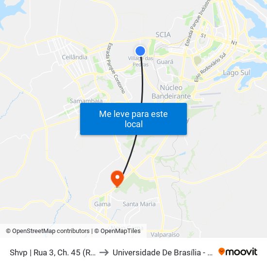 Shvp | Rua 3, Ch. 45 (Resd. Palmares) to Universidade De Brasília - Campus Do Gama map