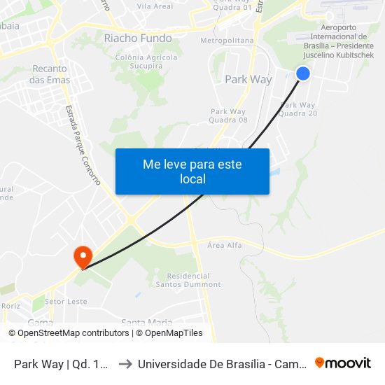 Park Way | Qd. 19, Conj. 1 to Universidade De Brasília - Campus Do Gama map