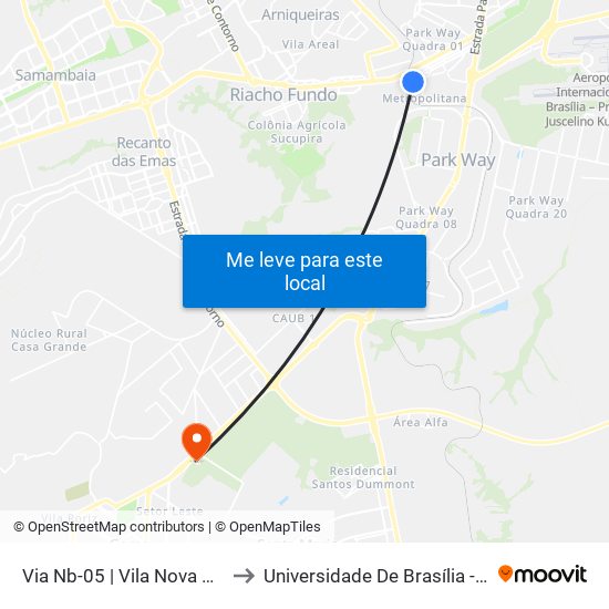 Via Nb-05 | Vila Nova Divinéia «Oposto» to Universidade De Brasília - Campus Do Gama map