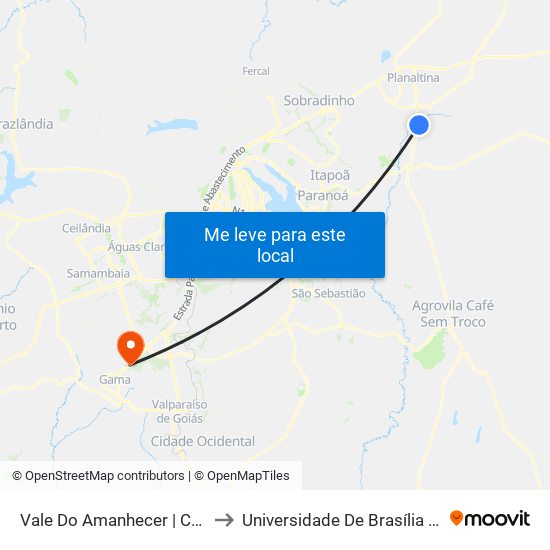 Vale Do Amanhecer | Cr 44 (Templo Mãe) to Universidade De Brasília - Campus Do Gama map
