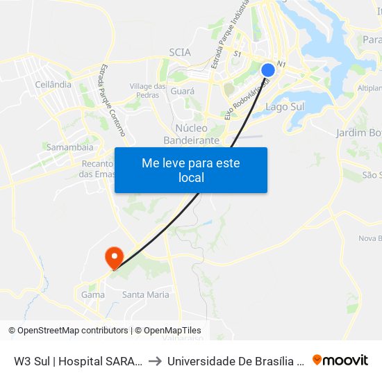 W3 Sul | Hospital SARAH Centro / SRTVS to Universidade De Brasília - Campus Do Gama map