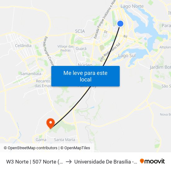 W3 Norte | 507 Norte (CONFEA / CEUB) to Universidade De Brasília - Campus Do Gama map