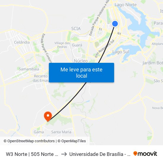 W3 Norte | 505 Norte (Dona / Habib's) to Universidade De Brasília - Campus Do Gama map