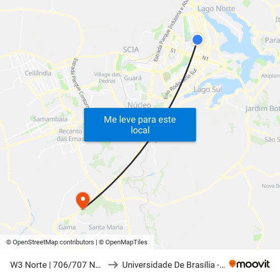 W3 Norte | 706/707 Norte (McDonald's) to Universidade De Brasília - Campus Do Gama map