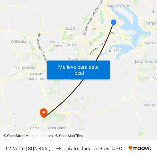 L2 Norte | SQN 406 (UnB / CEAN) to Universidade De Brasília - Campus Do Gama map