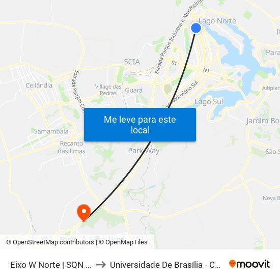 Eixo W Norte | SQN 116 (SHLN) to Universidade De Brasília - Campus Do Gama map
