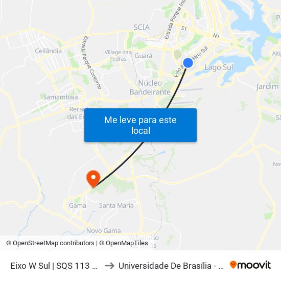 Eixo W Sul | Sqs 113 (Desembarque Metropolitano) to Universidade De Brasília - Campus Do Gama map