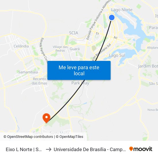 Eixo L Norte | Sqn 213 to Universidade De Brasília - Campus Do Gama map