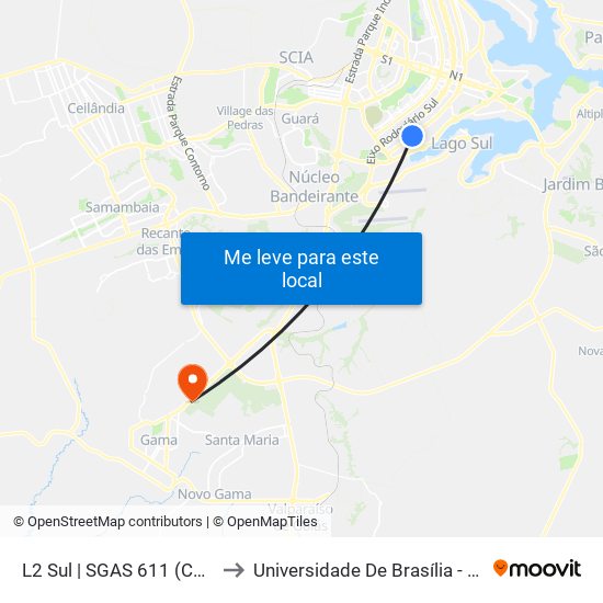 L2 Sul | SGAS 611 (CEM Setor Leste) to Universidade De Brasília - Campus Do Gama map