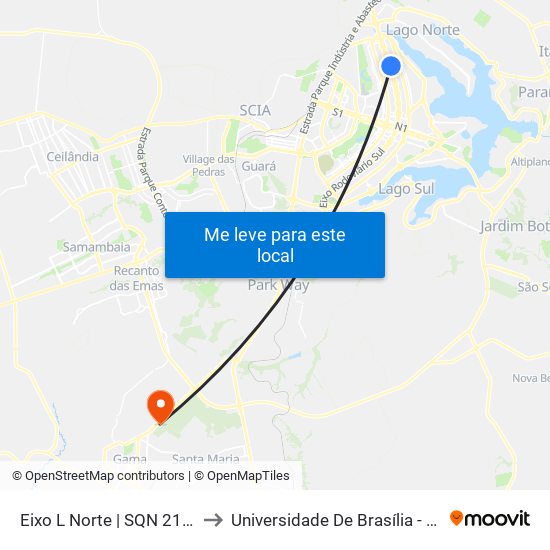 Eixo L Norte | SQN 211 (Plaza Norte) to Universidade De Brasília - Campus Do Gama map