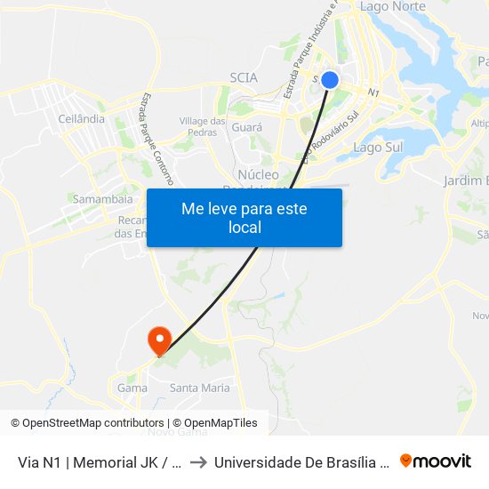 Via N1 | Memorial JK / Praça do Cruzeiro to Universidade De Brasília - Campus Do Gama map