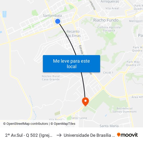 2ª Av.Sul - Q 502 (Igreja Da Barca/Caps Iii) to Universidade De Brasília - Campus Do Gama map